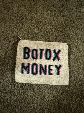Beaded 'BOTOX MONEY' Statement Clutch - White with Teal & Pink Letters